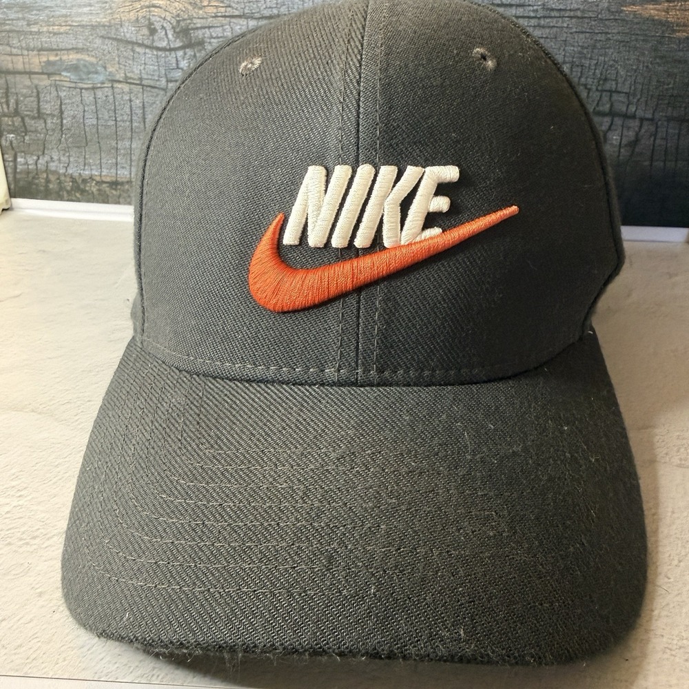 Nike Y2K Style Black Orange Swoosh Spellout Stretch Fit Baseball Hat M/L